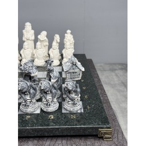 Шахматы "Русские сказки" доска 40х40 см из серого мрамора и змеевика